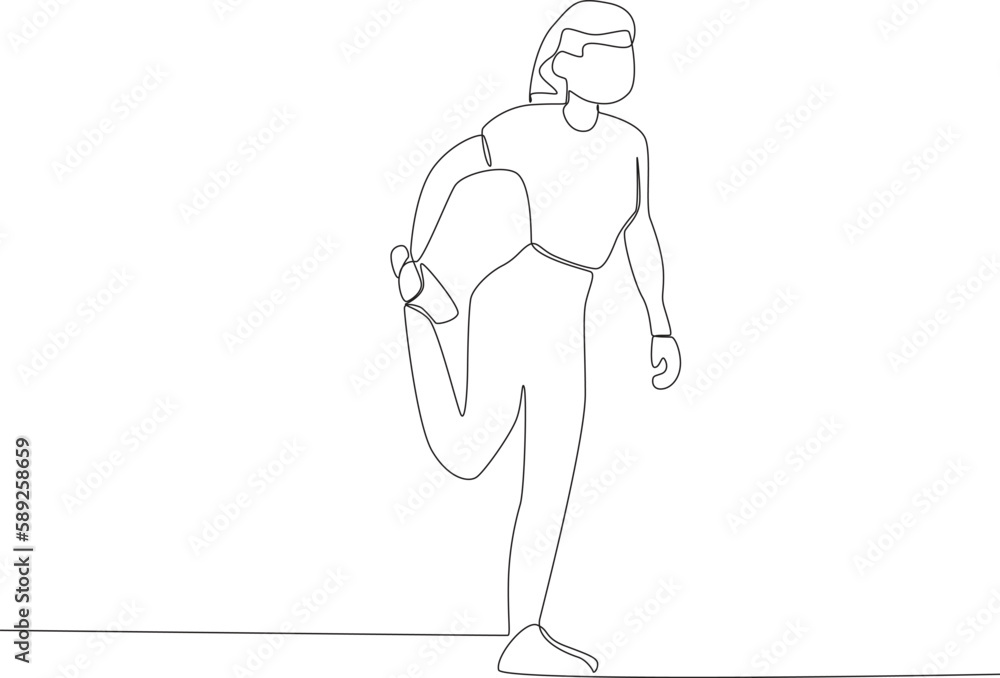A woman doing leg stretches in summer. Park activities one-line drawing