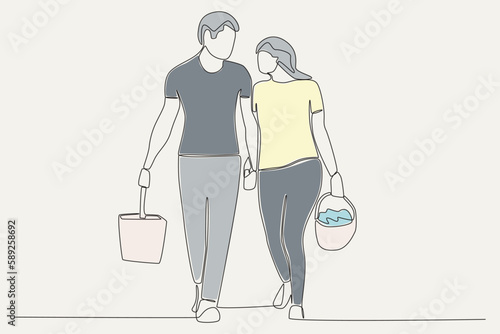 Colored illustration of a man and woman having a picnic. Park activities one-line drawing