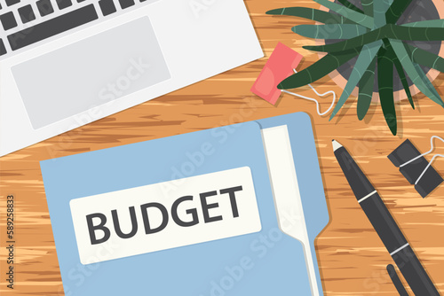 word budget written on folder file on office desk, flat lay view- vector illustration