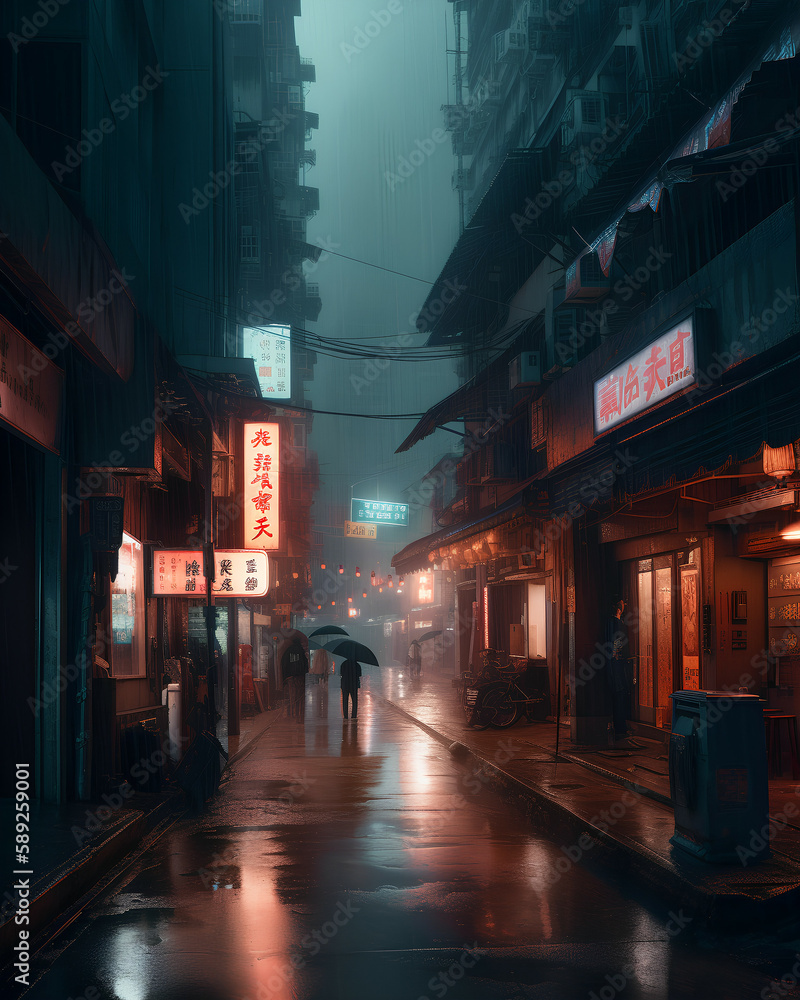 Cyberpunk City, futuristic Asian architecture at night, Generative AI