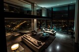 Modern bedroom interior with neon lights glowing ambient in the evening window city view. Bed, carpet, smart TV. Luxurious stylish apartment interior, Generative AI