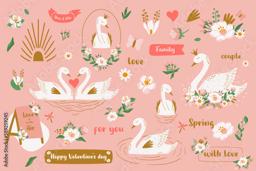 Floral pink swan set with pair of birds in love, phrases, princess, crown, flowers, frames, heart isolated elements. Cute cartoon goose bird for wedding, Valentines day. Vector illustration collection