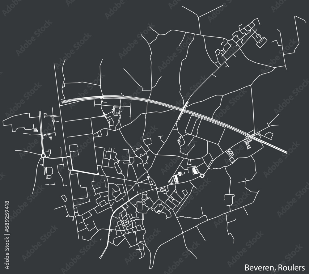 Detailed hand-drawn navigational urban street roads map of the BEVEREN MUNICIPALITY of the Belgian city of ROULERS, Belgium with vivid road lines and name tag on solid background
