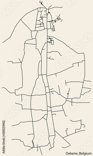 Detailed hand-drawn navigational urban street roads map of the OEKENE MUNICIPALITY of the Belgian city of ROULERS, Belgium with vivid road lines and name tag on solid background