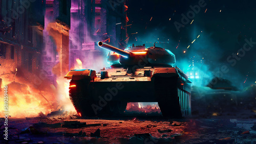 Modern battle tank against the backdrop of neon urban destruction. Generative AI