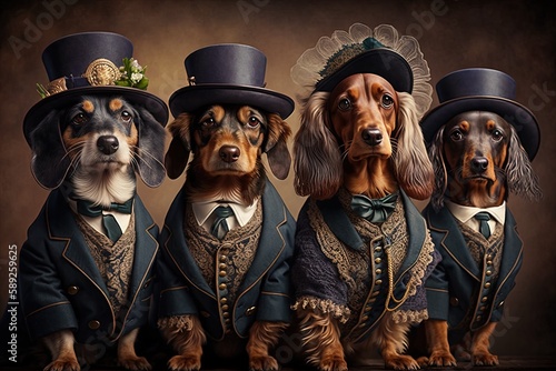 dachshund dogs animals dressed in victorian era clothing illustration generative ai