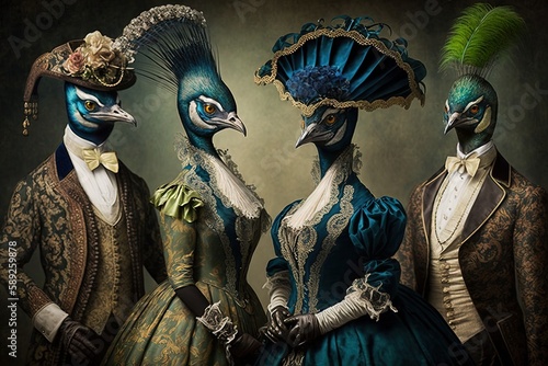 Peacock animals dressed in victorian era clothing illustration generative ai
