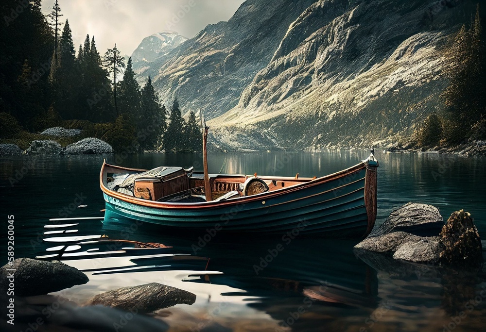Boat on quiet water in mountain bay. Generative AI