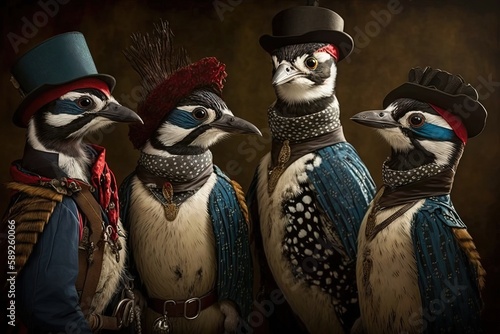 Woodpecker animals dressed in victorian era clothing illustration generative ai photo