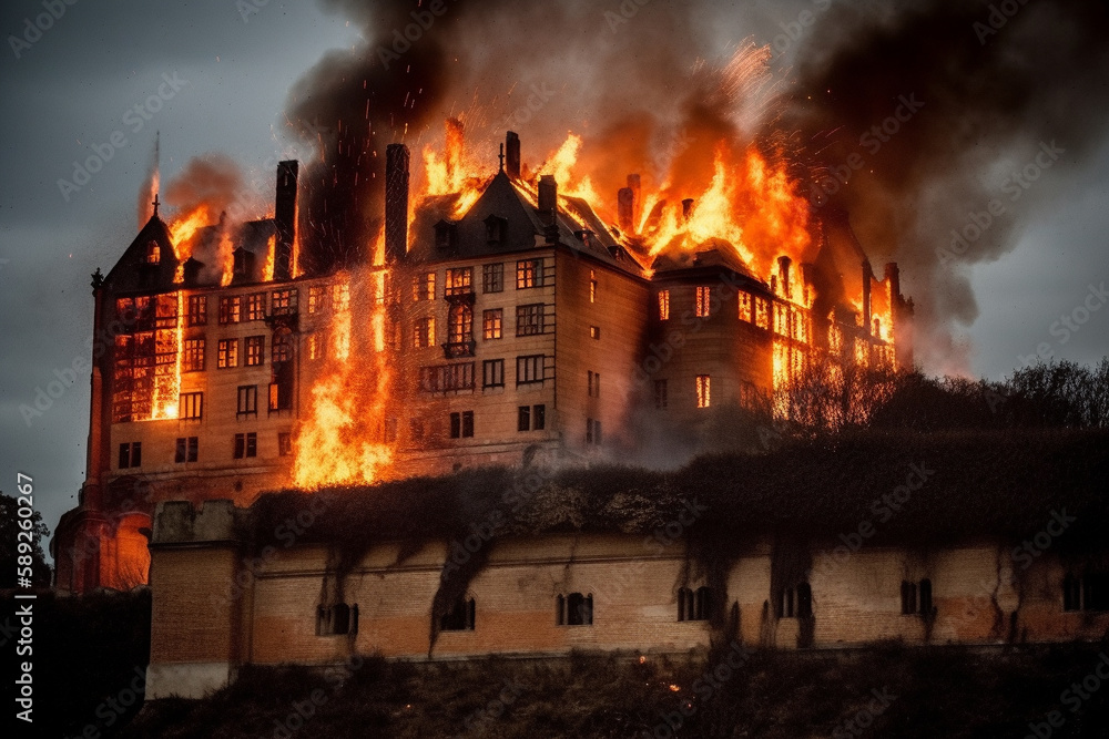 Castle on fire. Big conflagration or arson burning disaster with flames. Danger and destruction due to property blaze. Ai generated