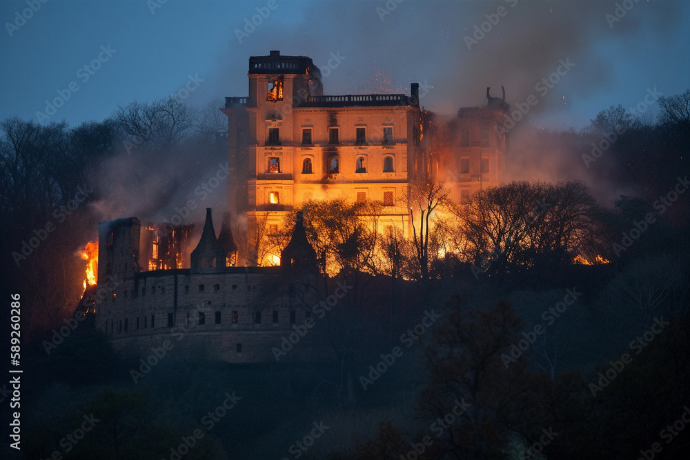 Fototapeta premium Castle on fire. Big conflagration or arson burning disaster with flames. Danger and destruction due to property blaze. Ai generated
