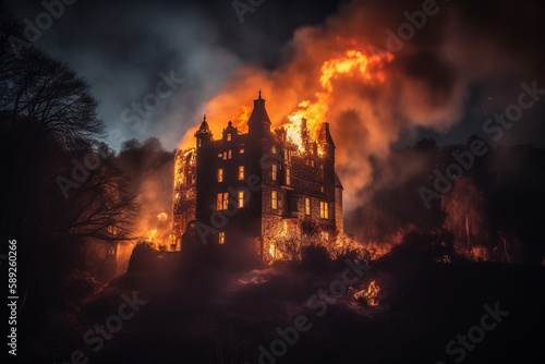 Castle on fire. Big conflagration or arson burning disaster with flames. Danger and destruction due to property blaze. Ai generated