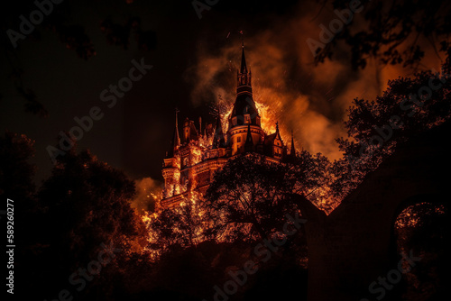 Castle on fire. Big conflagration or arson burning disaster with flames. Danger and destruction due to property blaze. Ai generated © dragomirescu