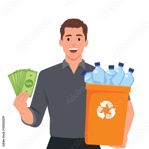 Man holding recycling garbage can and holding money. Reverse Vending Machine Recycling and Reward Money From Garbage Cans Bottle Plastic Glass Sale