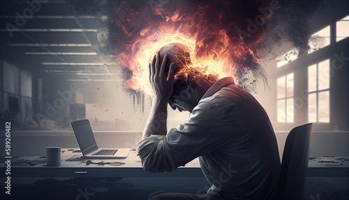 Business Mann mit Burnout vor seinem Computer Bildschirm mit brennendem Kopf, Stress und Überlastung, Generative AI 