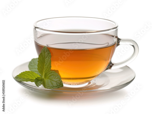 Cup of tea with mint isolated on white background.