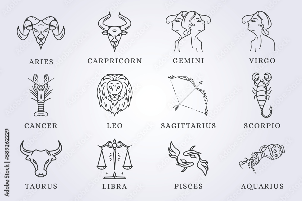 set of zodiac astrology horoscope sign line art vector illustrtaion design - obrazy, fototapety, plakaty 
