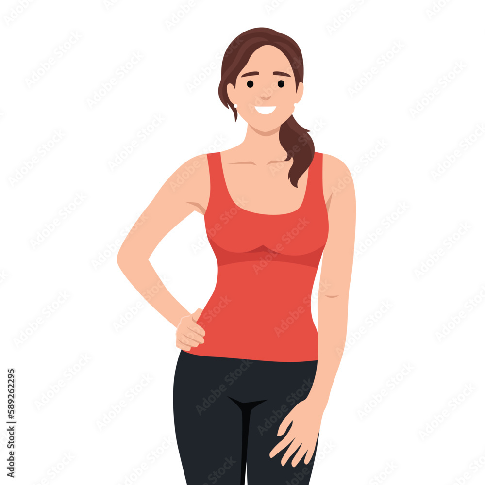 Smiling Happy Girl Wearing Short Denim pants and Red Tank Top. Hand on her hip Smiling Happy Girl Wearing Short Denim pants and Red Tank Top. Hand on her hip