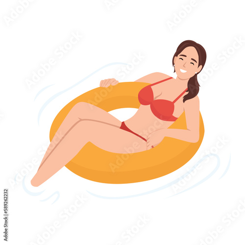 Woman relaxing on float swim ring. Flat style woman on vacation swimming in pool, resting or dreaming on water waves on inflatable ring or mattress