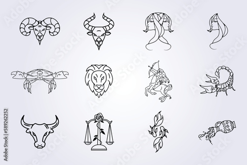 line work of zodiac horoscope astrology signs set vector line illustration design