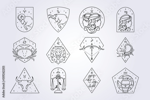 Zodiac astrology horoscope signs line art design vector illustrations set bundle