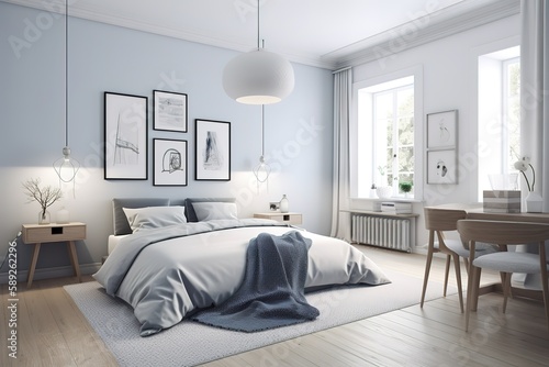 Interior of stylish room with big bed and mirror   Light  cute and cozy home bedroom interior with unmade bed   Loft and modern bedroom   3D render image   Generative AI