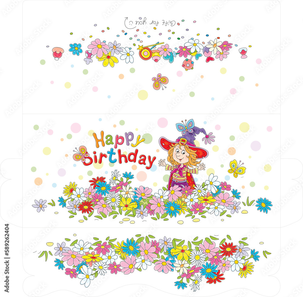 Happy birthday card and a gift money envelope with a cute little fairy and merry butterflies flying around a pretty colorful flowerbed in a summer garden, vector cartoon illustration