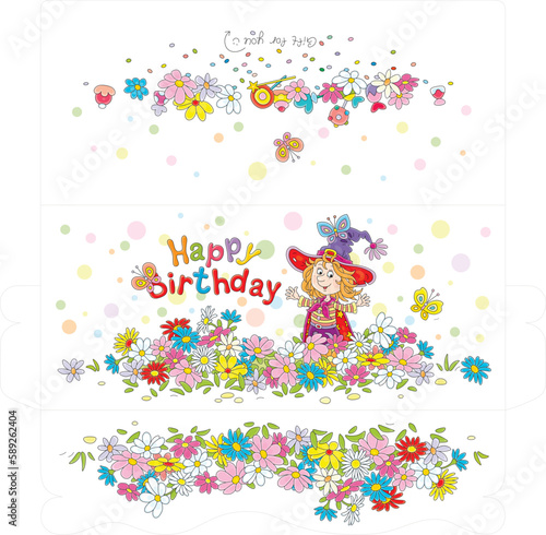Happy birthday card and a gift money envelope with a cute little fairy and merry butterflies flying around a pretty colorful flowerbed in a summer garden  vector cartoon illustration