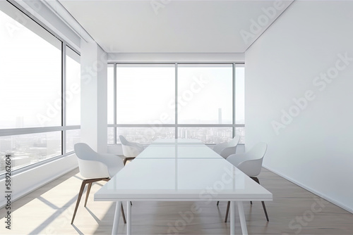 Modern office interior space with desk  meeting room for conference  documents. Cozy stylish. minimal design work station  work space background with Generative AI.