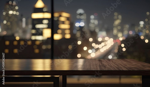 Blank empty wooden bar tabletop focused with blurry bokeh light of city scape  building view  background  for mock up and montage product display advertisement  with Generative AI.