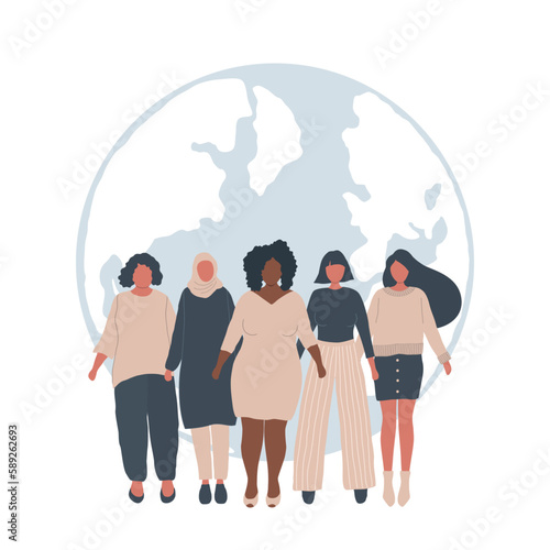 Diverse group of women stand on the globe background. International Women's Day concept. Women's community. Female solidarity. Women silhouettes of different races. Vector illustration