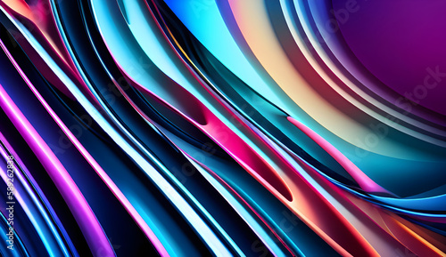 Abstract illustration of 3d iridescent wavy chromatic shapes. Modern bright background of curved futuristic structure. Colorful fluid design backdrop. Trendy holographic gradient shapes.
