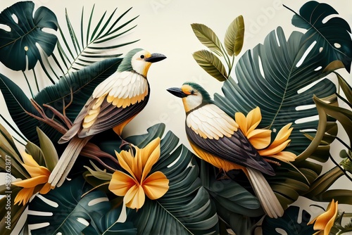 Tropical background with exotic flowers and birds. Generative AI illustration. © LAYHONG