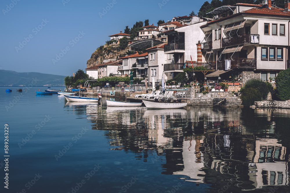 Town and Sailboats Reflected in Ohrid Lake Surface
