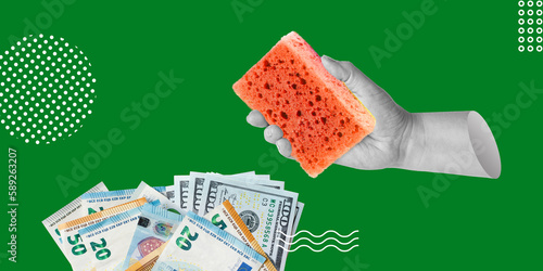 Shady business, money laundering concept. Hand with bright sponge and dollar and euro bills on green background. Minimalist collage photo