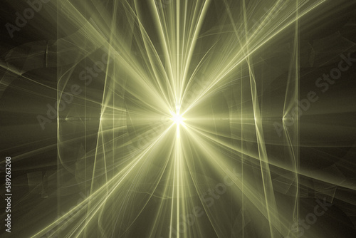 Yellow glowing pattern of crooked rays and waves on a black background. Abstract fractal 3D rendering