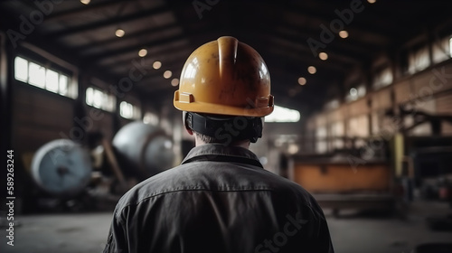 Portrait of a Hard Hat-Wearing Man in a Factory Stunning Close-Up Shot with Trending Yellow Overall and Industrial Background