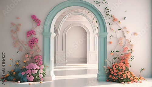 Generative AI of an empty room with arch and flowers on the wall