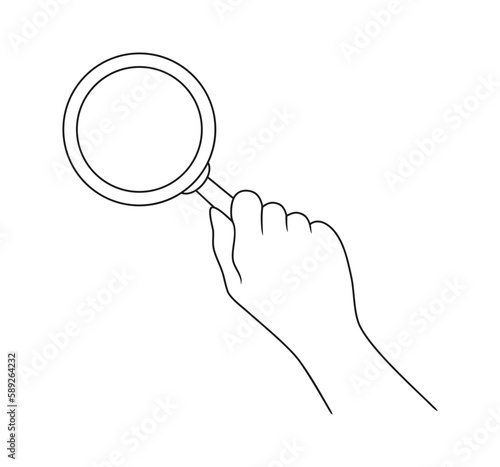 A hand holding a magnifying glass. Vector illustration in line art style