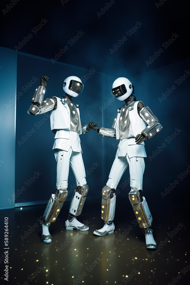Generative AI illustration of couple of man and woman artificial intelligence semi-human robots in love dressed in latest fashion with hat dancing in a trendy nightclub Generative AI illustration of couple of man and woman artificial intelligence semi-human robots in love dressed in latest fashion with hat dancing in a trendy nightclub