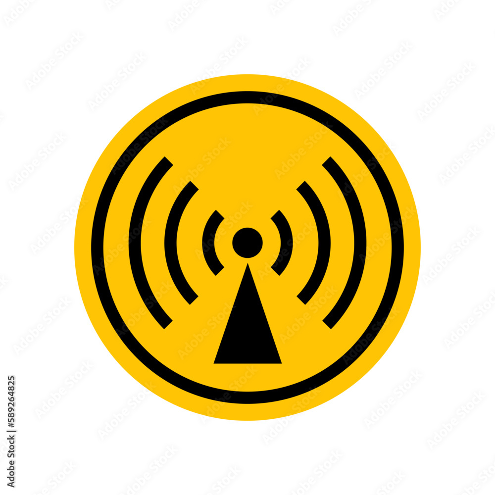 Non-ionizing radiation sign. Black danger icon on yellow round symbol. Vector illustration of radio emission. Hazard symbol. Danger pictogram, circle warning sign icon. Informing about risk or caution Non-ionizing radiation sign. Black danger icon on yellow round symbol. Vector illustration of radio emission. Hazard symbol. Danger pictogram, circle warning sign icon. Informing about risk or caution
