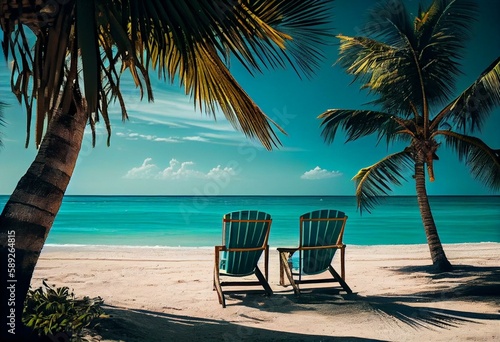 Tropical beach nature as summer landscape with leisure chairs and palm trees calm sea for beach relax banner. Luxury travel landscape beautiful destination for vacation or holiday.. Generative AI