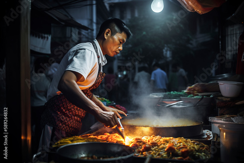 Generative AI illustration of street chef in Bangkok Thailand cooks up a dish for happy customers at the night market