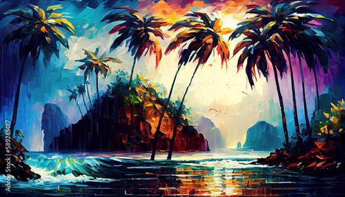 A stunning tropical island paradise with palm trees, crystal clear waters, and a vibrant rainbow stretching across the sky, generative ai illustration. © Dr_Microbe