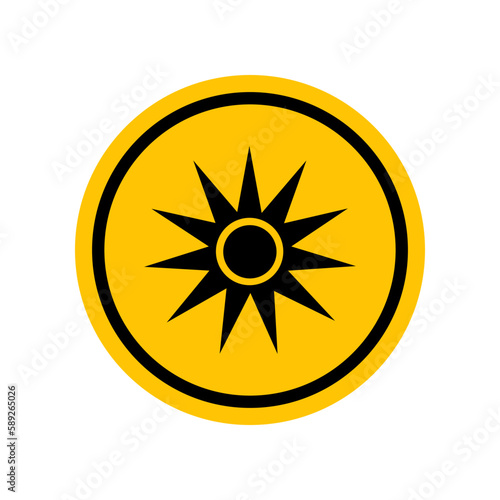Optical radiation sign. Black danger icon on yellow round symbol. Vector illustration, hazard symbol. Danger pictogram, circle warning sign icon. Informing about different risk and caution.
