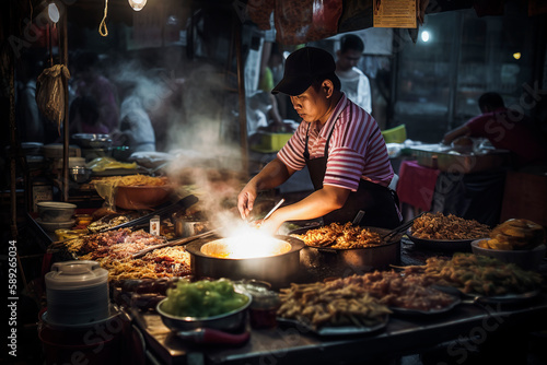 Generative AI illustration of street chef in Bangkok Thailand cooks up a dish for happy customers at the night market