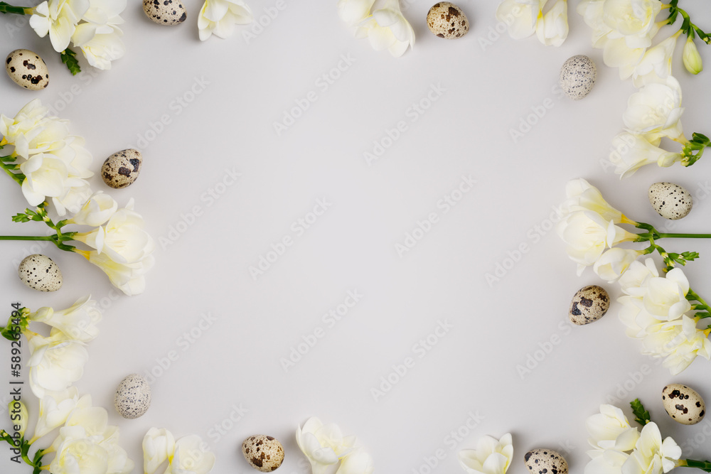 Happy Easter floral frame. White flowers, natural quail eggs on light grey background. Spring holiday composition. Fresh freesia and Easter eggs. Top view, flat lay, copy space. Blooming layout.