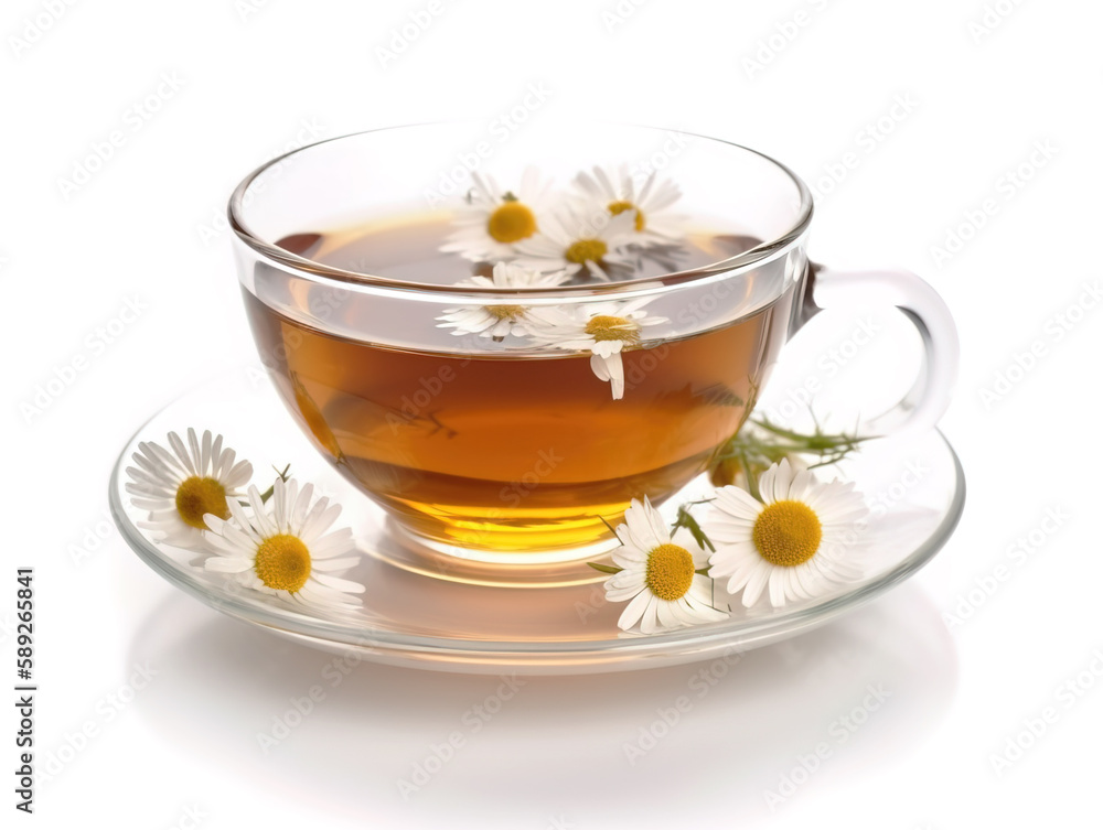 Cup of tea with chamomile isolated on white background.