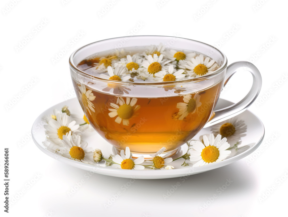 Cup of tea with chamomile isolated on white background. Cup of tea with chamomile isolated on white background.