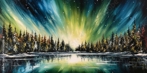 Magical Northern Lights dancing over snowy tundra in long exposure Generative Ai Digital Illustration
